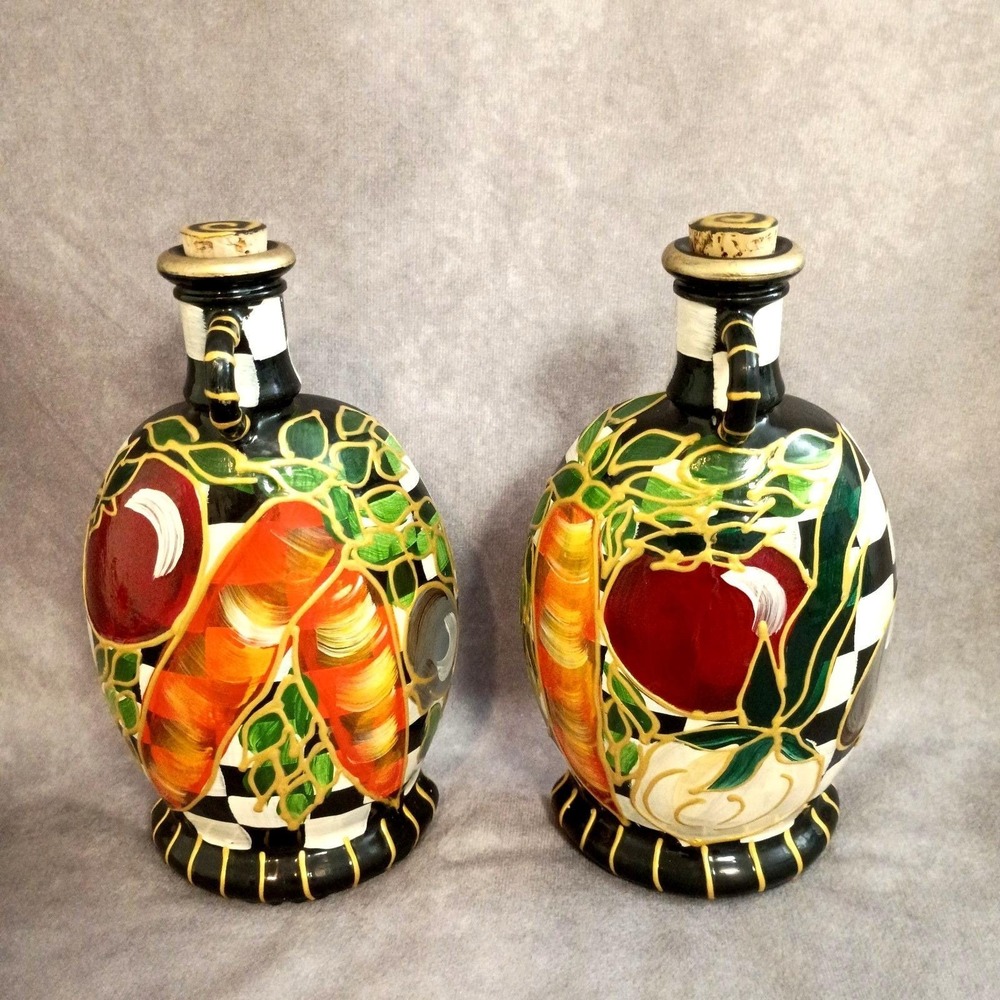 Vintage set 500 ML Made in Italy Hand Painted Flat Back Bottles Decor Signed
